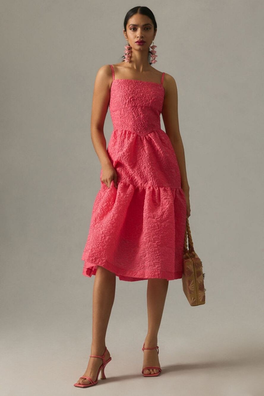 Anthropologie Hutch Tiered Corset Romantic Corset Square Neck Midi Dress, Pink
